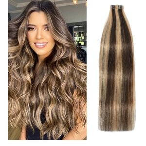 46 Med Brown & Dark Blonde Tape in Hair Extensions, at 15 inches long, dimension